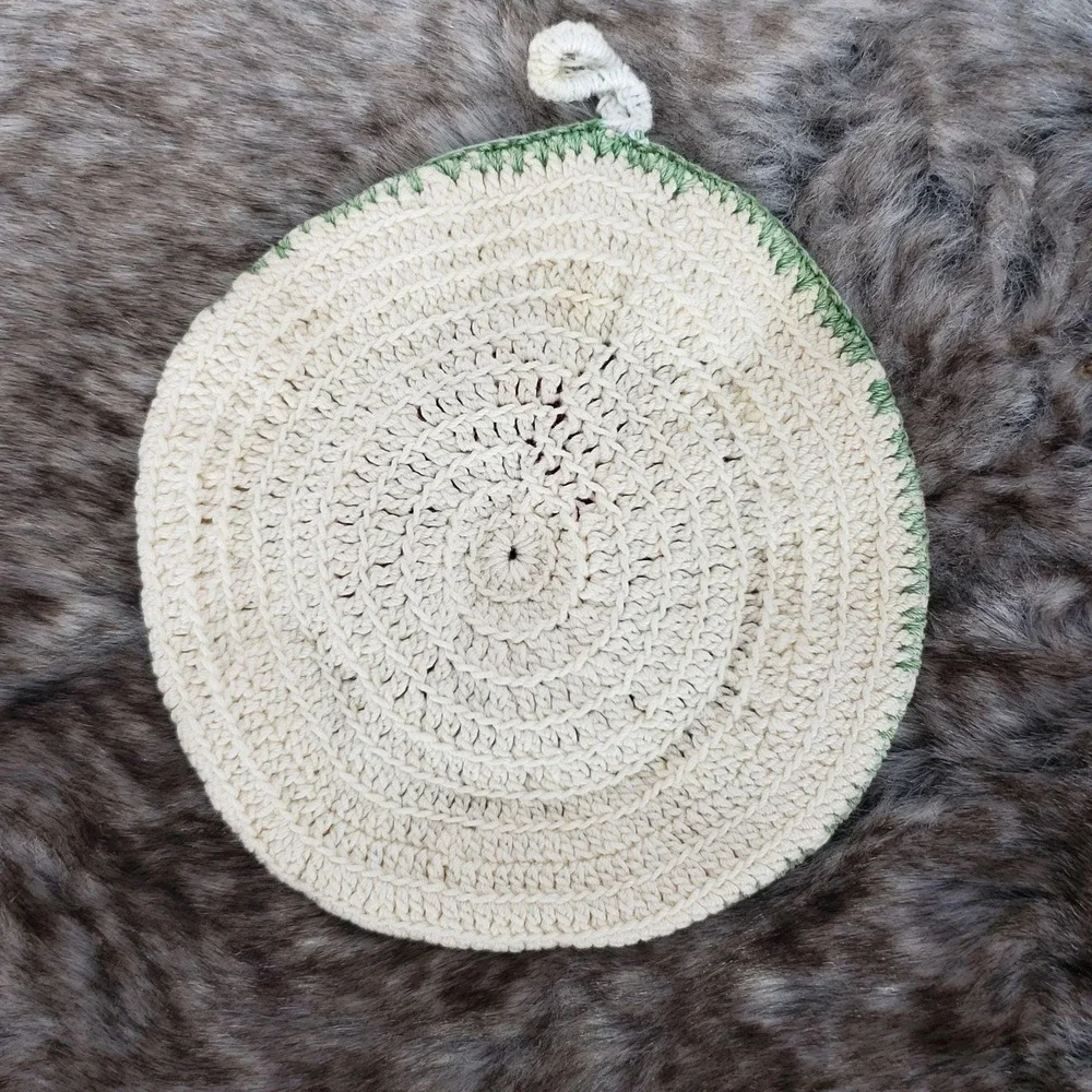 Handmade Round Crochet Pot Holder With Rose Design - Red Green & Cream Colors Pe